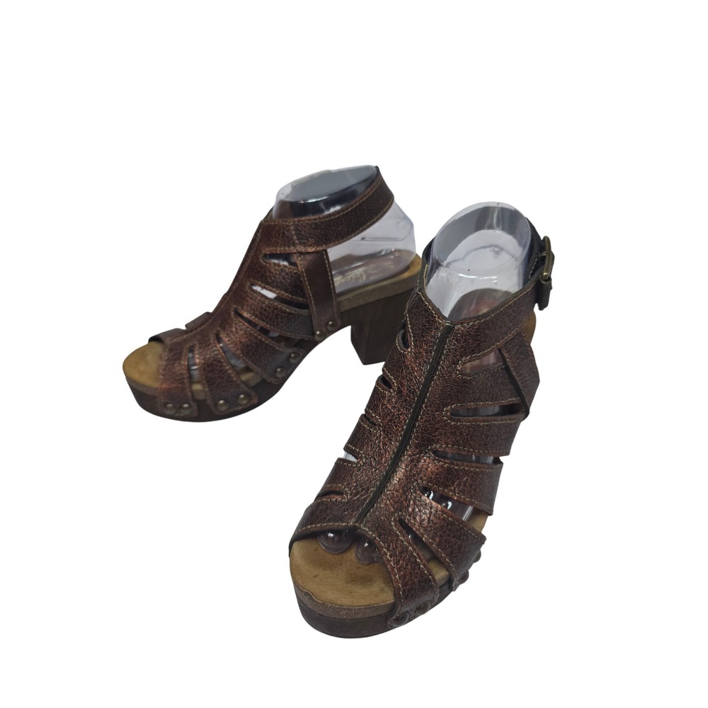 Sbicca W's Metallic Brown Leather Studded Wood Platform Sandals Size 39 EU 8.5